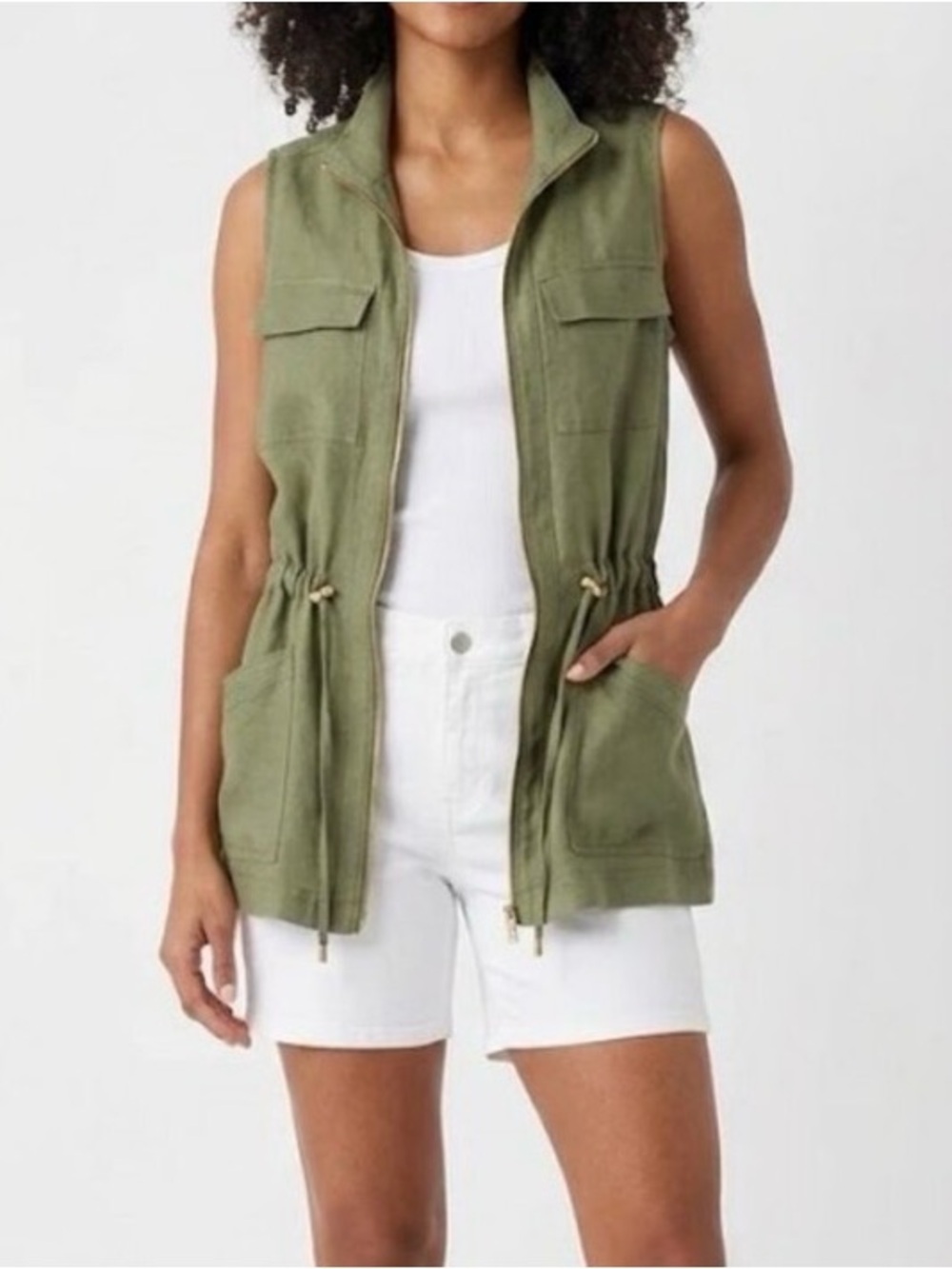 ELLEN TRACY 100% Linen Utility Vest Medium Olive Green Drawstring Gold Zippers